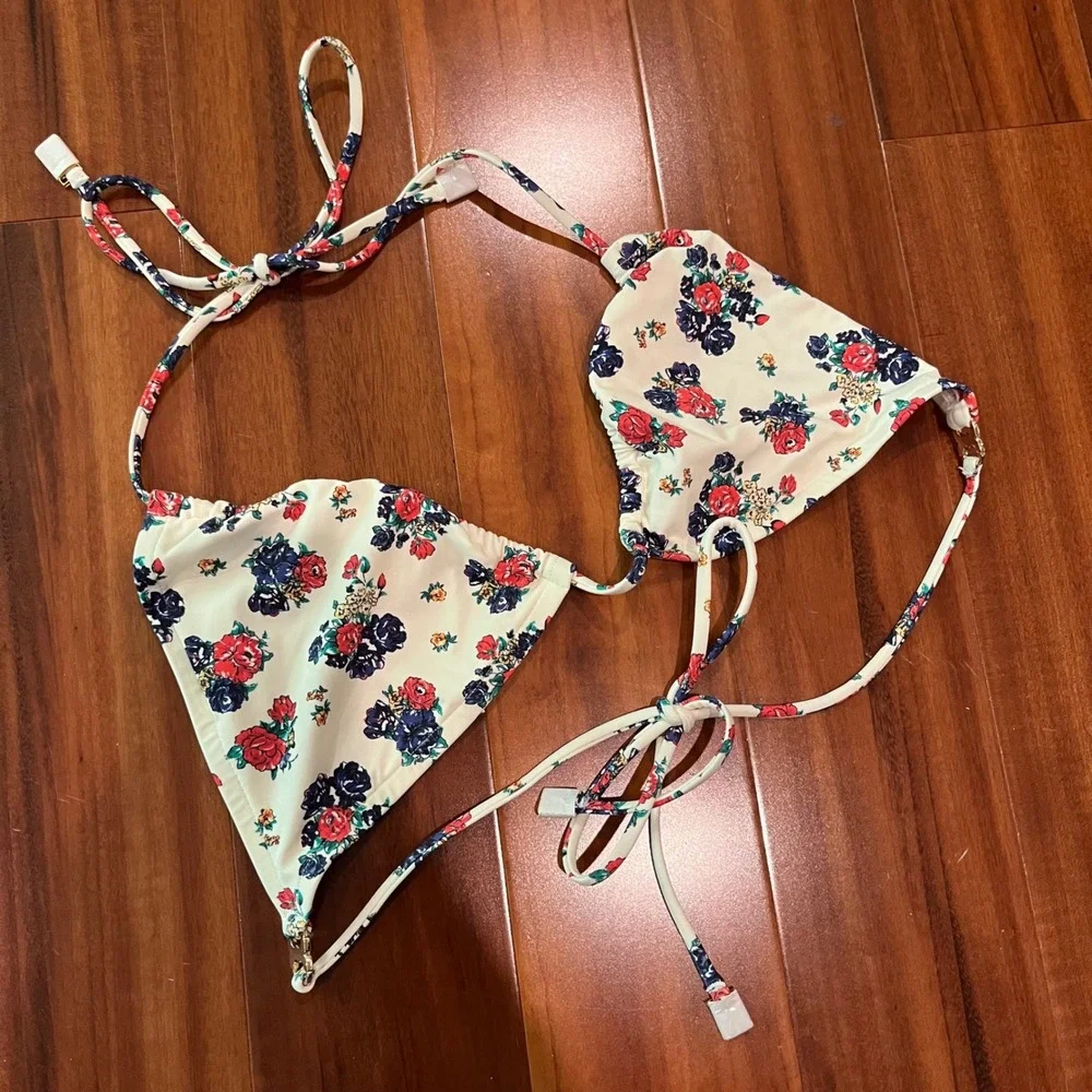 Tory Burch Bikini Top Floral Triangle Swim Red Navy Blue Halter Unpadded Size XS